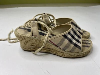 Burberry Beige Nova Check Canvas Strappy Espadrille Wedge Sandals Size 37 7US - Image 1 of 4