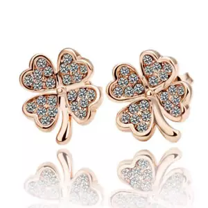 NEW 18K Rose Gold Plated Lucky Flower Crystal Clover Stud Earrings Womens Girls - Picture 1 of 6