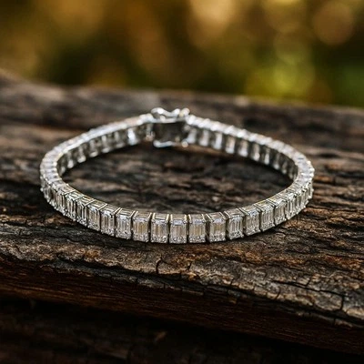 Ready To Ship 12CT DE/VS Emerald Cut Lab Grown Diamond Tennis Bracelet Platinum - Image 1 of 4