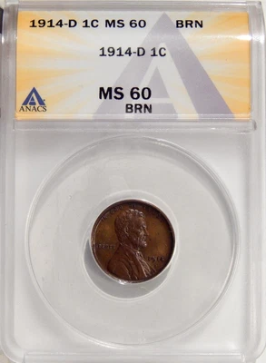 1914-D 1c ANACS MS 60 BRN ~ UNCIRCULATED KEY DATE LINCOLN CENT ~ LOOKS BETTER - Image 1 of 2