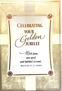 GOLDENE JUBILÄUMSKARTE, 50 JAHRE Gottesdienst an der Kirche PRIESTERPREDIGER Punze A7 - Bild 1 von 2