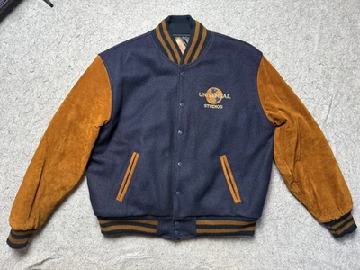 VINTAGE Universal Studios Jacket Mens Large Navy Tan Varsity Wool Suede 90s - Image 1 of 4