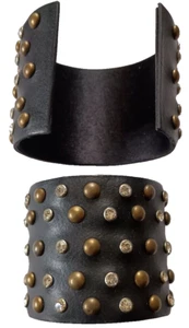 Cuff Bracelet, Black Leather, Studs and Rhinestones, Flexing, 7 Inches - Picture 1 of 1