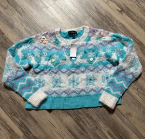 Ugly Christmas Sweater Size M Blue Purple White Reindeer 33 Degrees Jumper Knit - Picture 1 of 8