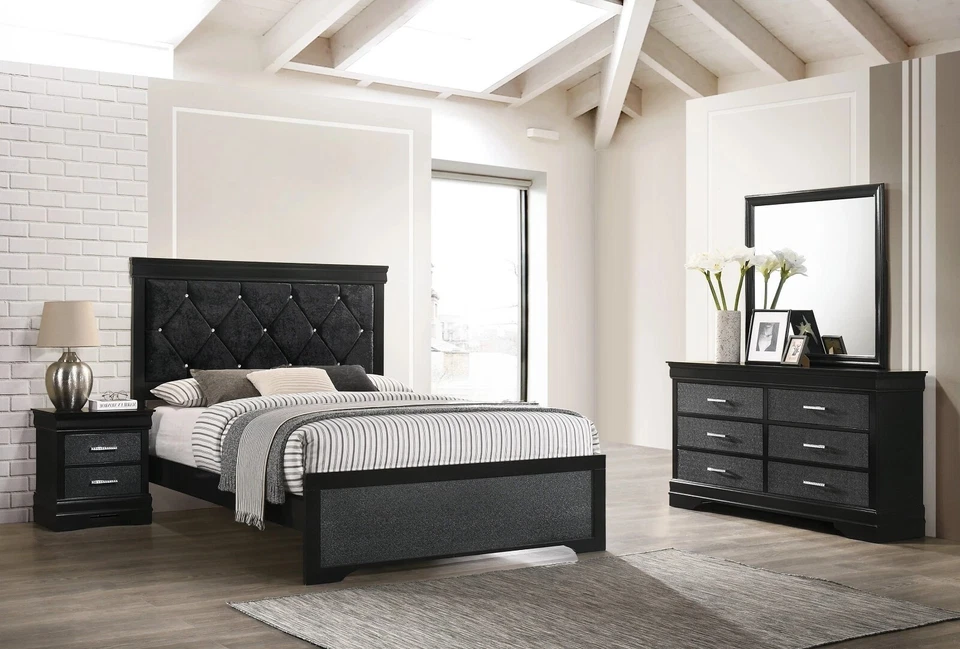 NEW Black 4PC Queen King Twin Full Modern Glam Contemporary Bedroom Set B/D/M/N - Image 1 of 4