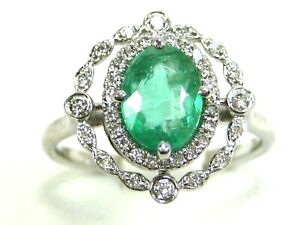 Emerald Ring 14K White Gold Halo Heirloom Antique Style GIA App. $4,870