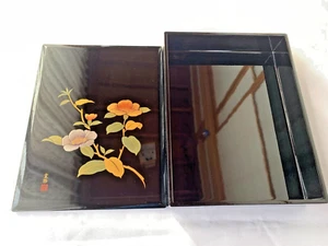 Lackdose Japanisch Holz Lackiert Box Schwarz Blumenmuster L11,8xB9,1xT2,4in - Bild 1 von 14