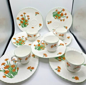 Vintag Crown Staffordshire Devon Orange Flower Boho Design 5 cups and 7 plates ! - Picture 1 of 17