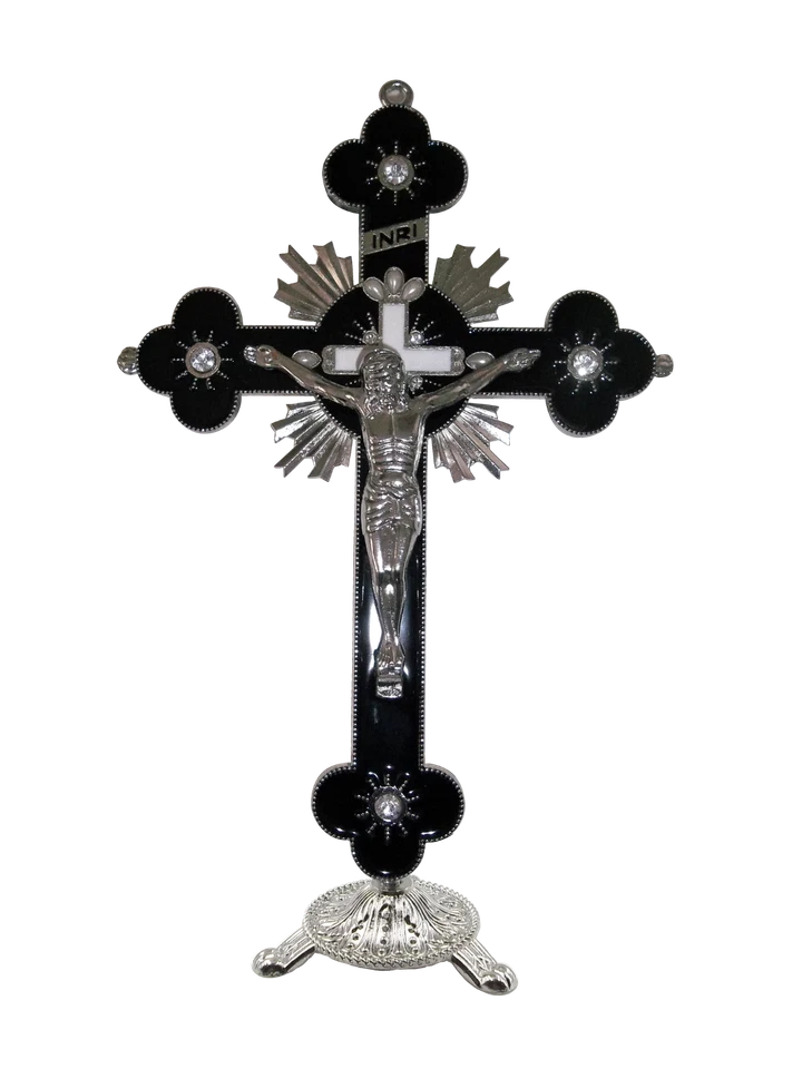 Grande Croce metallo argentato h.30cm con appoggio smaltato NERO crocifisso  - Immagine 1 di 1