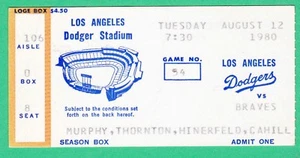 8-12-80 BRAVES @ DODGERS BASEBALL TICKET STUB MURPHY HORNER CEY BURROUGHS HOMERS - Picture 1 of 1