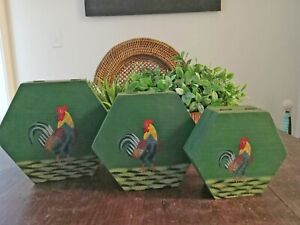 Hand Painted Hexagonal Nesting Boxes Green Rooster Decorative Boxes Set of Three