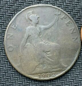 1902 UK Penny Coin Circulated   High Tide Great Britain   World Coin    #B732