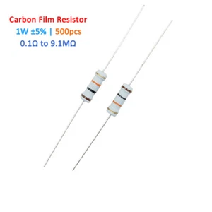 500 piezas Película de carbono 1W ±5% resistencia a cuatro anillos Gama completa de valores 1Ω a 9,1MΩ - Imagen 1 de 5
