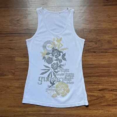 Y2K 2000s Guess Tank Top Small White Graphic Rose Glitter Club Rave Cyber Grunge - Image 1 of 4