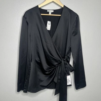 Topshop Nordstrom NWT Top Black Satin Wrap Top Long Sleeves Blouse Women's - 8 - Image 1 of 4