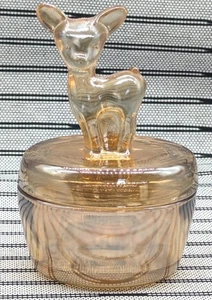 Vintage Jeanette Glas Ringelblume Karneval Glas Hirsch Rehkitz Waschtisch Puderdose Schale - Bild 1 von 14