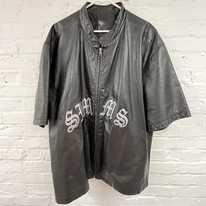 Chaqueta de cuero Simms de colección para hombre 3XL negra manga corta cremallera bordada hasta el final - Imagen 1 de 11