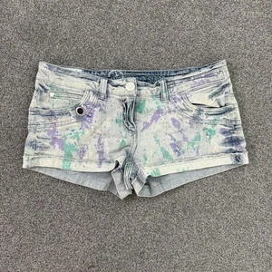 Y2K vintage low rise mini denim shorts paint splattered rhinestone embellished - Picture 1 of 6