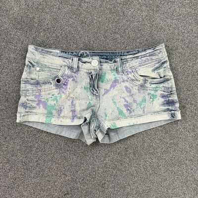 Y2K vintage low rise mini denim shorts paint splattered rhinestone embellished - Image 1 of 4