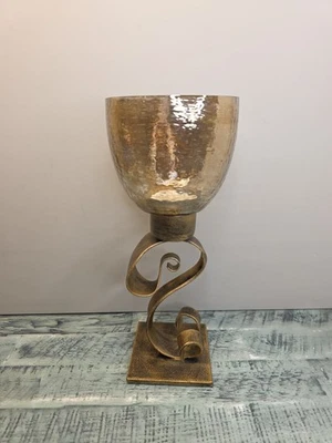 Antiqued Bronze & Glass Pedestal Tea Light Candle Holder T-Lite Ribbon Tuscan - Image 1 of 4