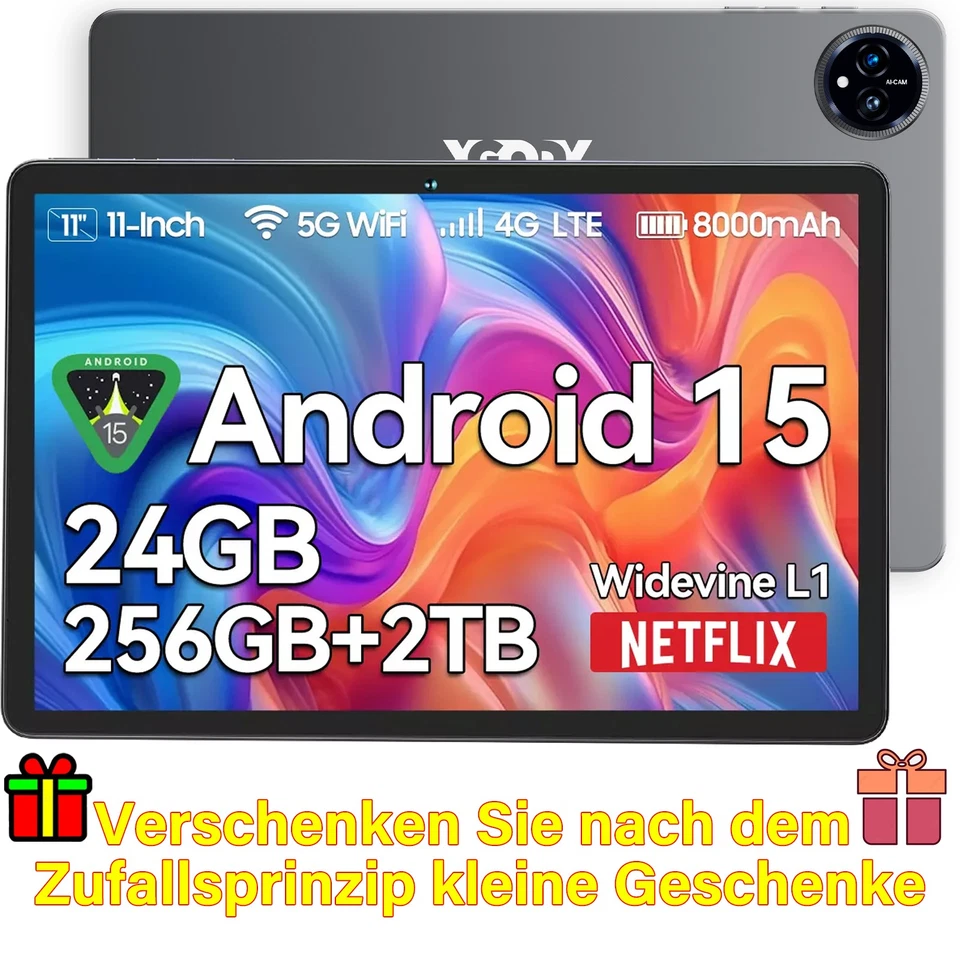 2025 Neu 11 Zoll Tablet Android 15 24GB RAM+256GB 8000mAh 4G LTE 2SIM WlFl GPS - Bild 1 von 1