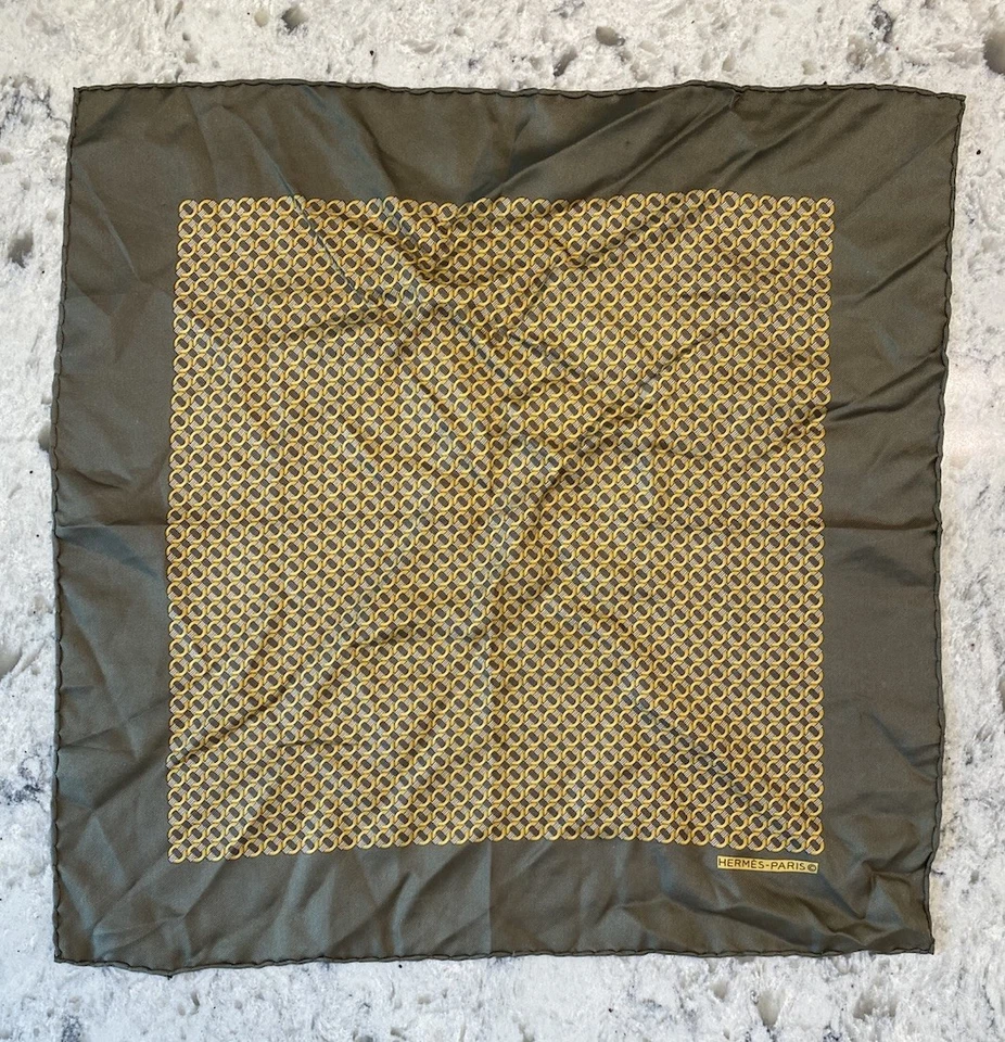 Vintage Hermes Olive Silk Pocket Square Geometric Motif - Image 1 of 4