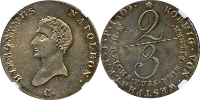 GERMANY WESTPHALIA 2/3T 1809C Jerome Napoleon 2/3 Thaler TOP POP NGC MS 62 - Image 1 of 2