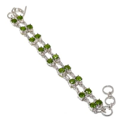 Faceted Peridot Round Gemstone 925 Sterling Silver Gift Jewelry Bracelet 7-8" Z3 - Image 1 of 4