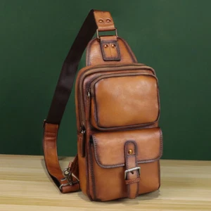 Genuine Leather Sling Bag for Women Men Retro Sling Backpack Purse Crossbody Bag - Picture 1 of 16