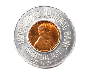 1953-D Encased Lincoln Wheat Cent - Indian Head National Bank, Nashua, NH - Imagen 1 de 2