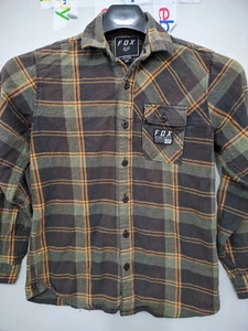 Fox Racing Shirt Boys M Brown Flannel Long Sleeve Button Up Plaid Cotton Pocket - Picture 1 of 16