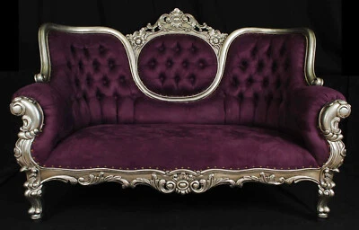 Sofá LXV Regal / Loveseat Plateado con Terciopelo Púrpura - Francés Luis XV Cabriole Foto 1 de 4