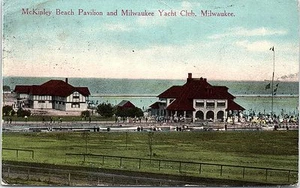 1914 Postcard McKinley Beach Pavilion and Milwaukee Yacht Club WI People Wis - Picture 1 of 2