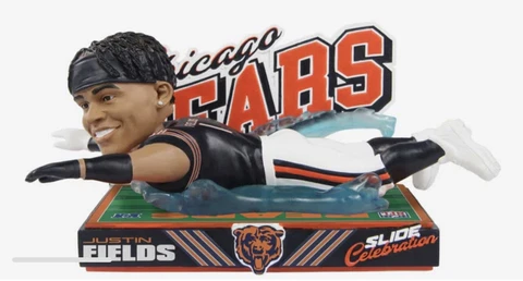 Justin Fields Chicago Bears Sliding In The Rain Victory Celebration Bobblehead Cover