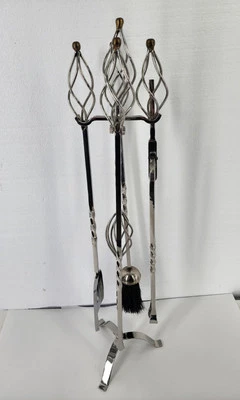 Juego de 4 herramientas para chimenea cepillo de póquer pala pinzas dos tonos plata oro retorcido  Foto 1 de 4