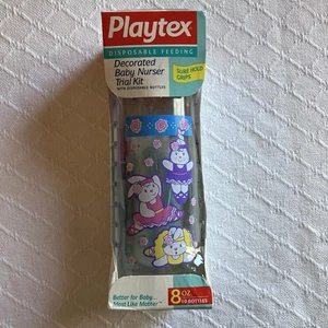 Vtg 1995 Playtex Bunny Print Flat Top Nipple Drop In 8oz Baby Bottle 90s NIB - Picture 1 of 10