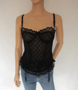 Vintage 1980's Ballet basque bodice corset, black lace bra top, size cup B small - Picture 1 of 11