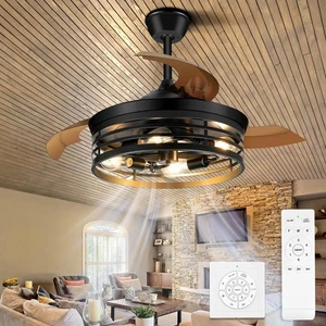 42Inch Retractable Ceiling Fans with Lights Remote Control Black Caged Ceilin... - Picture 1 of 9