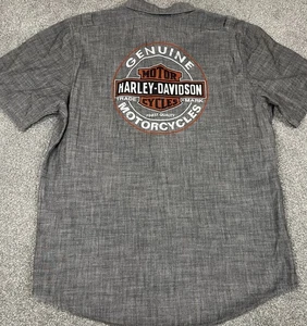 Harley Davidson Button Up Hemd Herren L Motorrad Arbeit Chambray Biker grau Logo - Bild 1 von 9