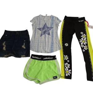 Lot of 4 Justice Shirt Daisy Leggings Neon Shorts Denim Skirt Girls Sizes M 10 - Picture 1 of 4