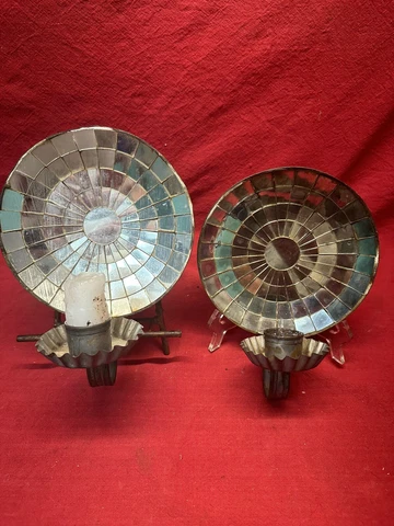 Exceptional Pair Of Antique Americana Spiderweb Mirrored Tin Wall Sconces. 9" Cover
