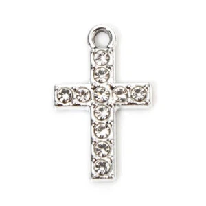 10 Stunning Cross Shaped Silver Pendant Charms with Micro Pave Clear Rhinestones - Picture 1 of 1