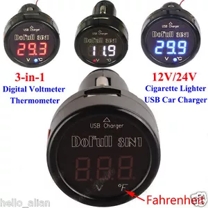 3in1 LED Digital Voltmeter Thermometer 12V 24V Car Cigarette Lighter USB Charger - Picture 1 of 13