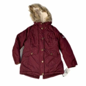 London Fog Womens Burgundy Long Sleeve Hooded Fur Puffer Coat Jacket Size 5 - Picture 1 of 11