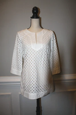 Blusa túnica MICHAEL KORS blanca con ojales de algodón manga 3/4 talla 6 Foto 1 de 4