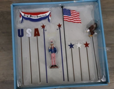 God Bless America USA Planter Stakes Accessories Red White Blue Uncle Sam Eagle - Image 1 of 4