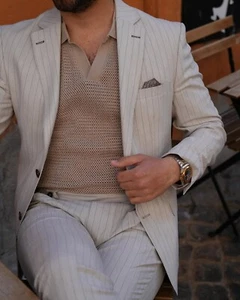 men’s suit premium Mono Collar Striped suit slim fit italian style parez suits - Picture 1 of 9