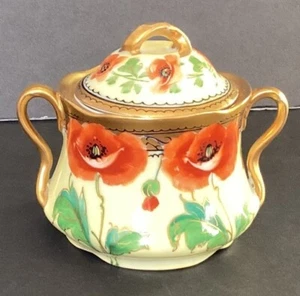 Antike J&C Louise Bavaria Porzellan Zuckerdose mit Deckel, orange Mohnblumen/gold - Bild 1 von 10