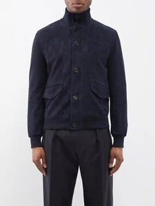 Bomber Leather Jacket Men Navy Blue Pure Suede Size S M L XL XXL Custom Made - Picture 1 of 7
