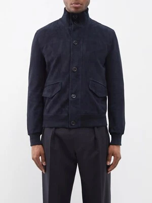 Bomber Leather Jacket Men Navy Blue Pure Suede Size S M L XL XXL Custom Made - Image 1 of 4